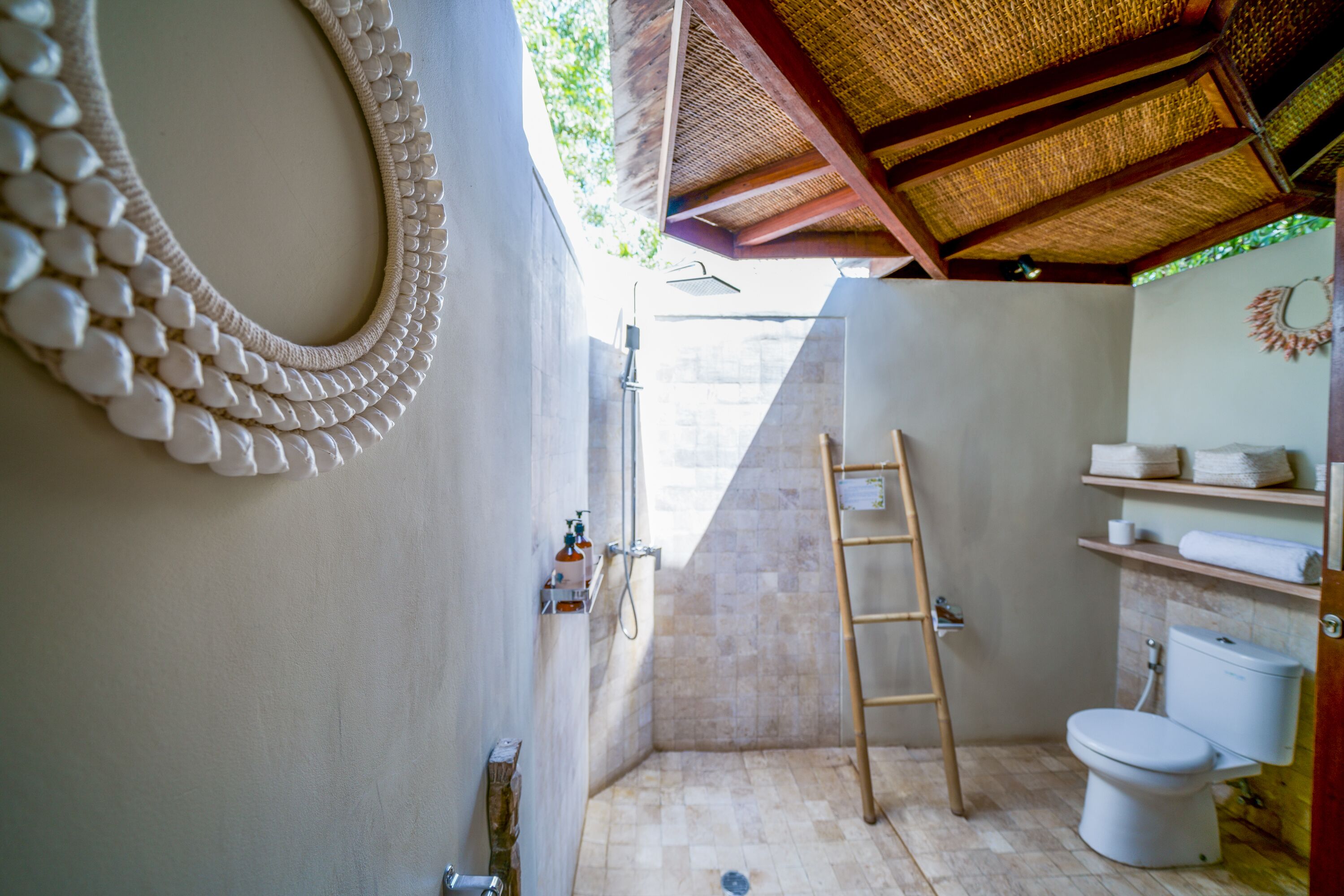 A bathroom with a shower, toilet, and a wooden ladder.