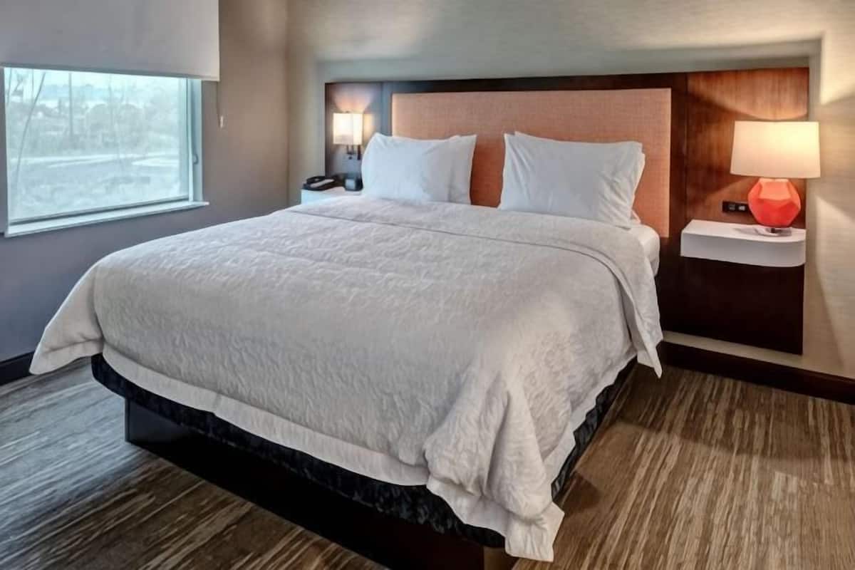 A hotel room with a large bed, a nightstand with a lamp, and a view of the outdoors.