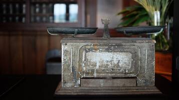 An old-fashioned scale with a wooden base, set against a blurred background with a plant and a window.