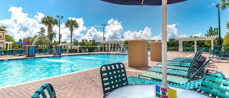 Outdoor pool, pool umbrellas, sun loungers