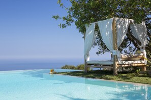Outdoor pool, pool umbrellas, pool loungers