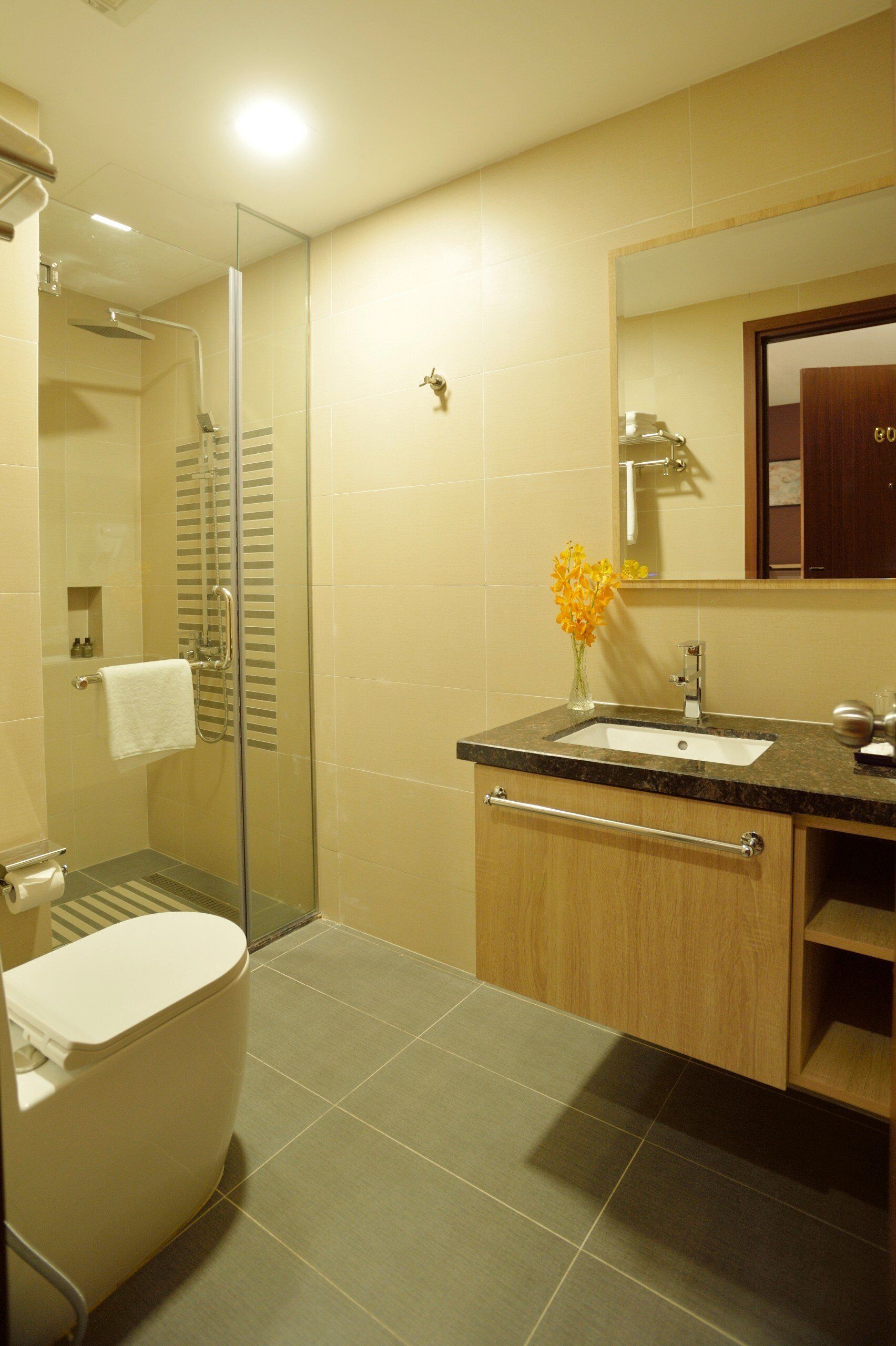 A modern bathroom with a glass-enclosed shower, a white toilet, a sink with a marble countertop, and a mirror above the sink.