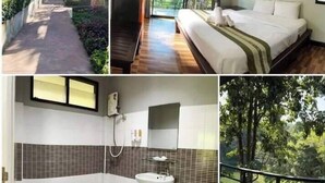 Un hotel con un camino que lleva a un edificio, un dormitorio con una cama grande y ventana, un baño con inodoro y lavamanos, y un balcón con vistas a árboles.
