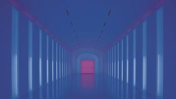A long, narrow hallway with a central pink door, flanked by tall windows on both sides.