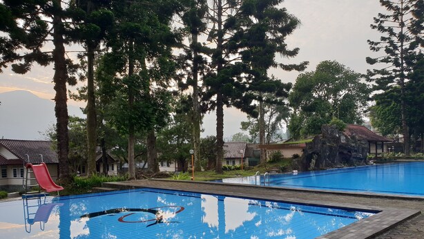 Una piscina con tobogán, rodeada de árboles y un pequeño edificio con techo de tejas.