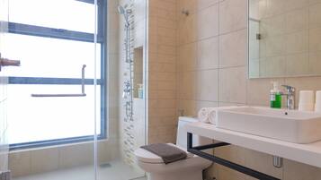 A modern bathroom with a glass shower enclosure, a white toilet, and a sink with toiletries.