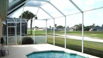 Seasonal outdoor pool, sun loungers