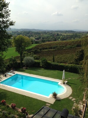 Seasonal outdoor pool, pool umbrellas, pool loungers