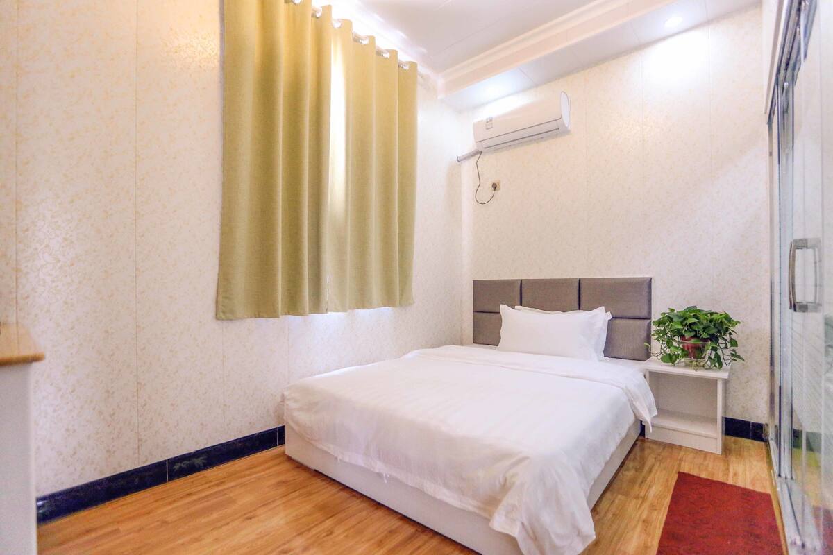 Un dormitorio con cama, una mesita de noche con una planta, una ventana con cortinas y un equipo de aire acondicionado en la pared.