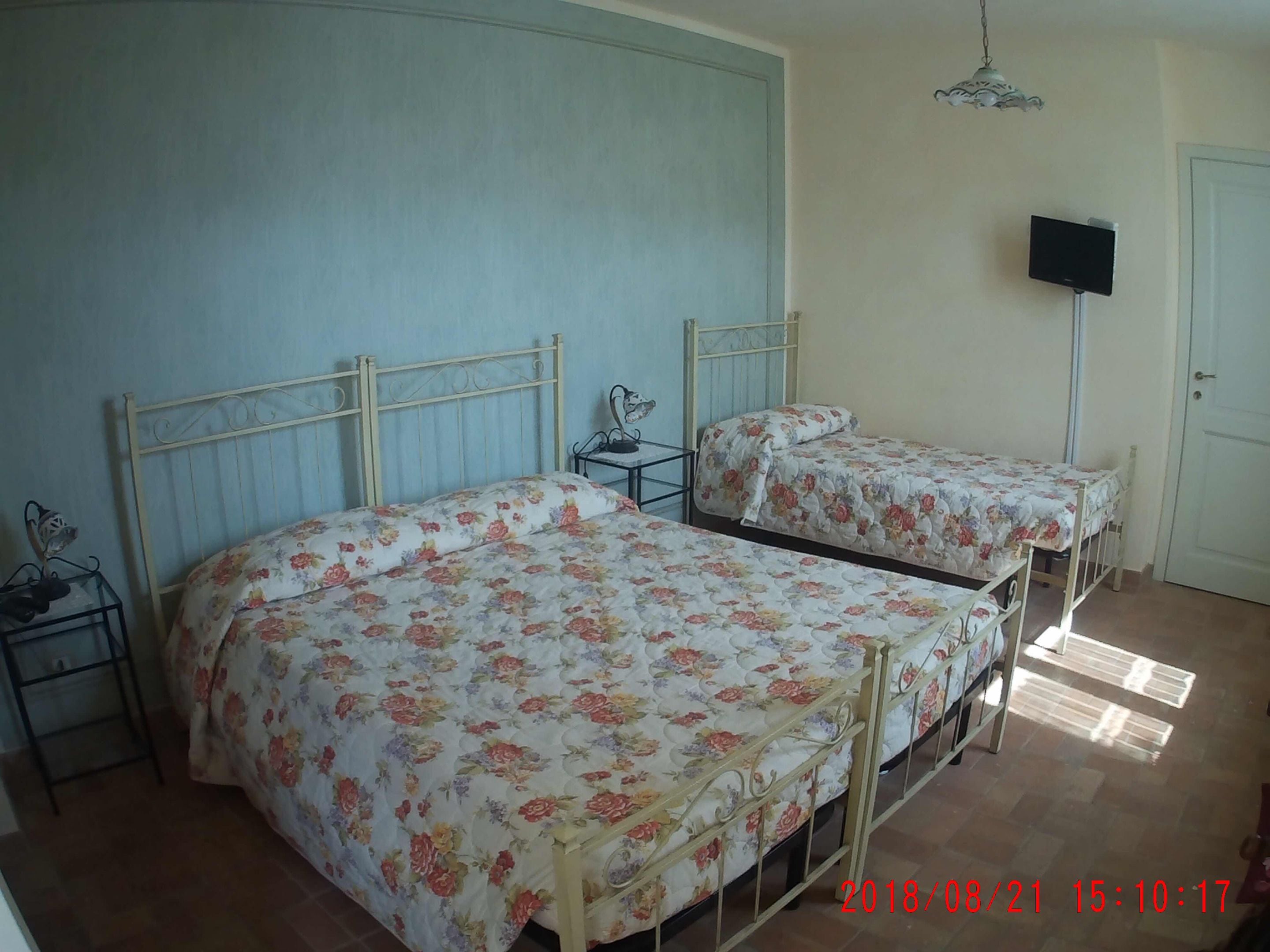 Una habitación con dos camas, cada una con ropa de cama floral, una mesita con una lámpara, un televisor sobre un mueble y una puerta.