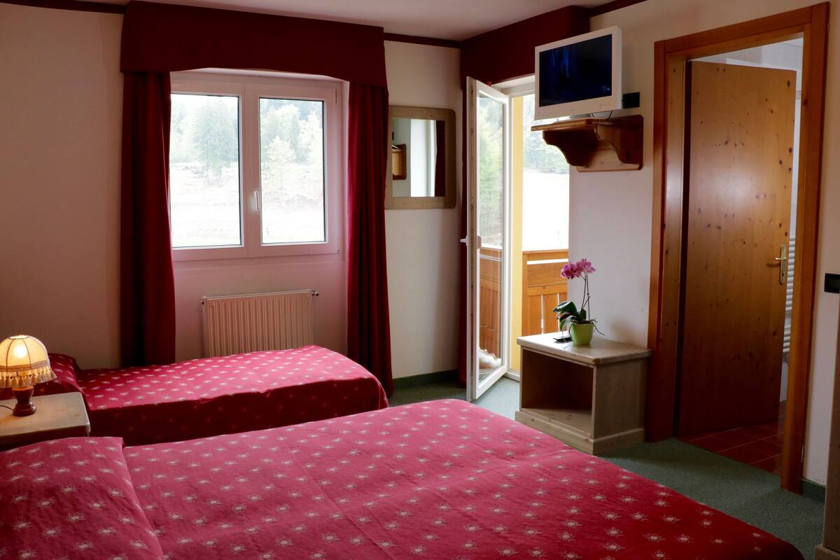 A room with two beds, a window, a radiator, a television, and a door leading to another room.