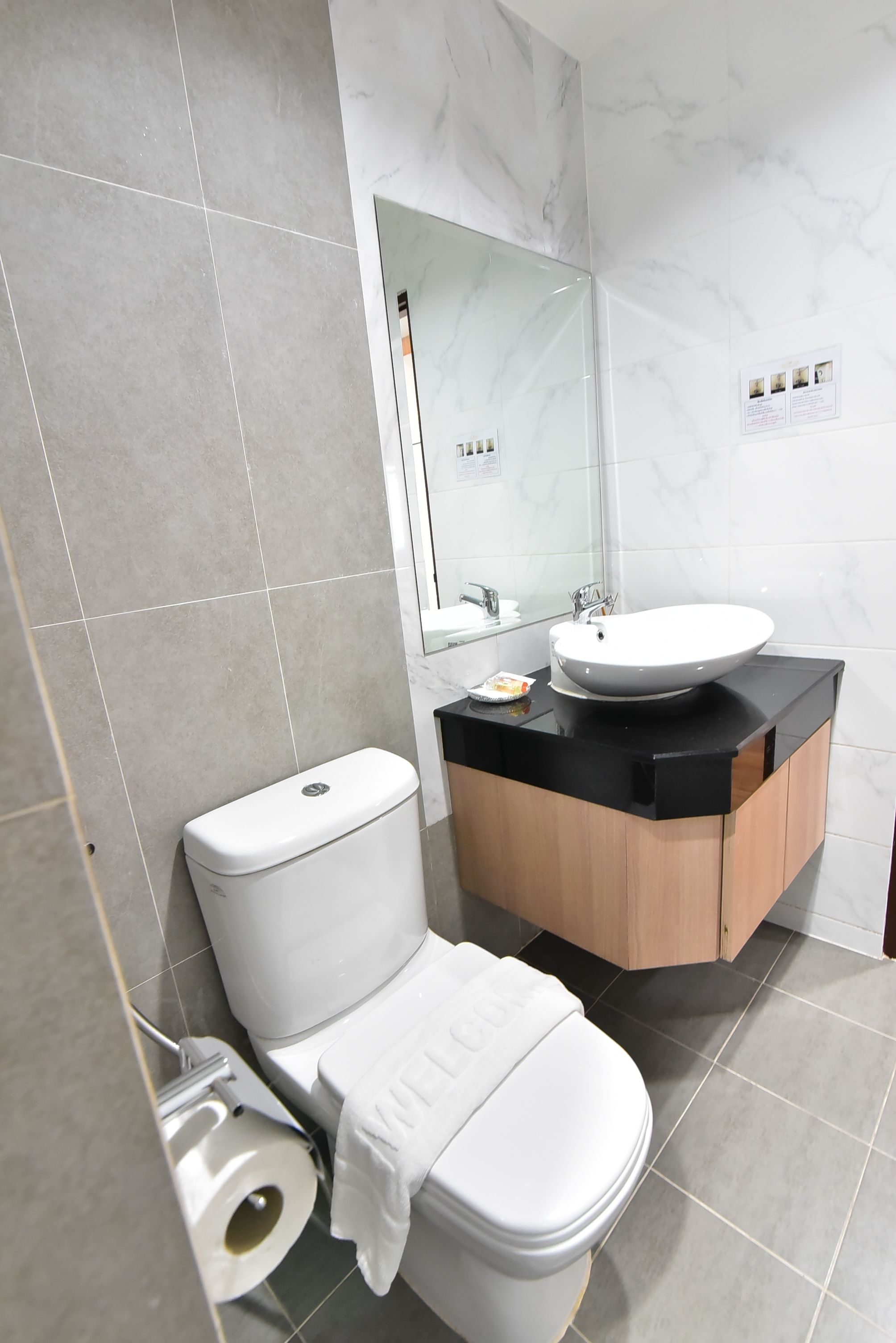 A modern bathroom with a toilet, sink, and mirror.