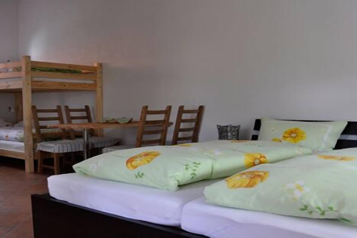 A room with a bunk bed, two wooden chairs, and a bed with floral bedding.