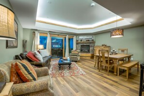 Flat-screen TV, fireplace