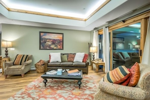 Flat-screen TV, fireplace