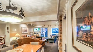 Flat-screen TV, fireplace