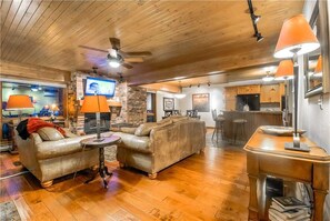 TV layar datar, perapian, dan pemutar DVD