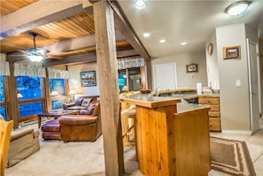 Flat-screen TV, fireplace