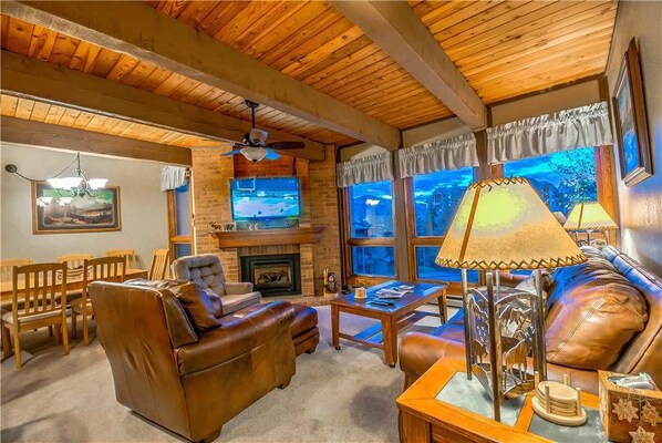 Flat-screen TV, fireplace