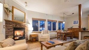 Flat-screen TV, fireplace