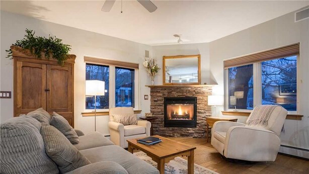 Flat-screen TV, fireplace
