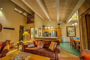 Flat-screen TV, fireplace