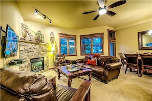 Flat-screen TV, fireplace, toys, books