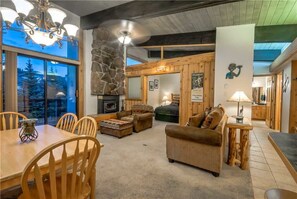 Flat-screen TV, fireplace
