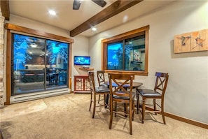 Flat-screen TV, fireplace