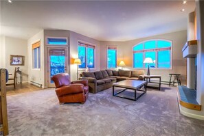 Flat-screen TV, fireplace, books