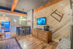 Flat-screen TV, fireplace
