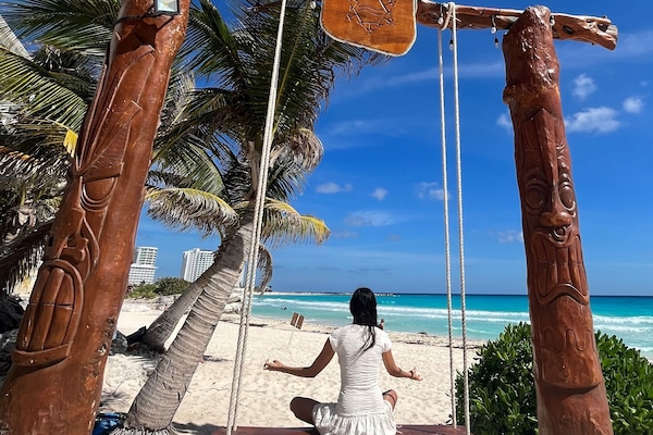 On the beach, white sand, beach towels, water skiing