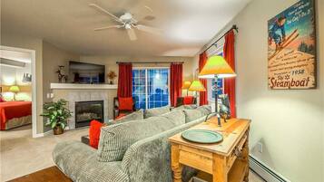 Flat-screen TV, fireplace