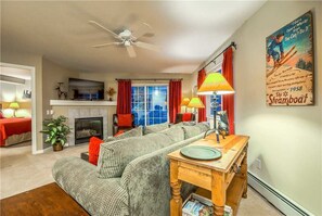 Flat-screen TV, fireplace