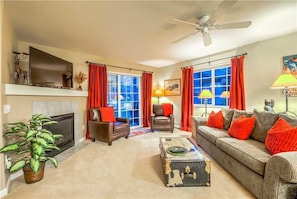 Flat-screen TV, fireplace