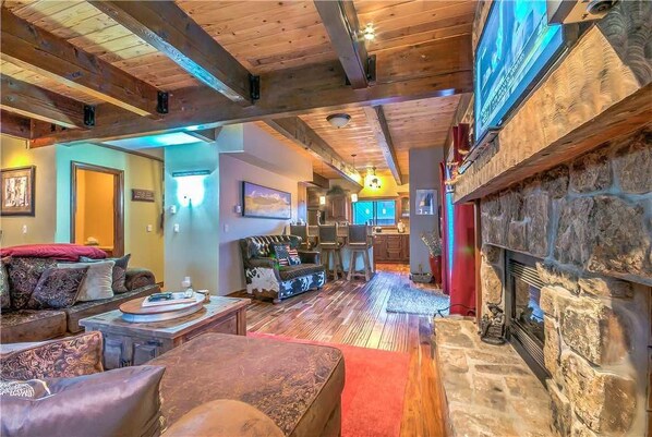 Flat-screen TV, fireplace