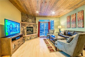 Flat-screen TV, fireplace