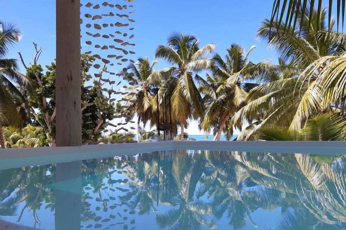 Piscina límpida com reflexos de palmeiras e um céu claro.