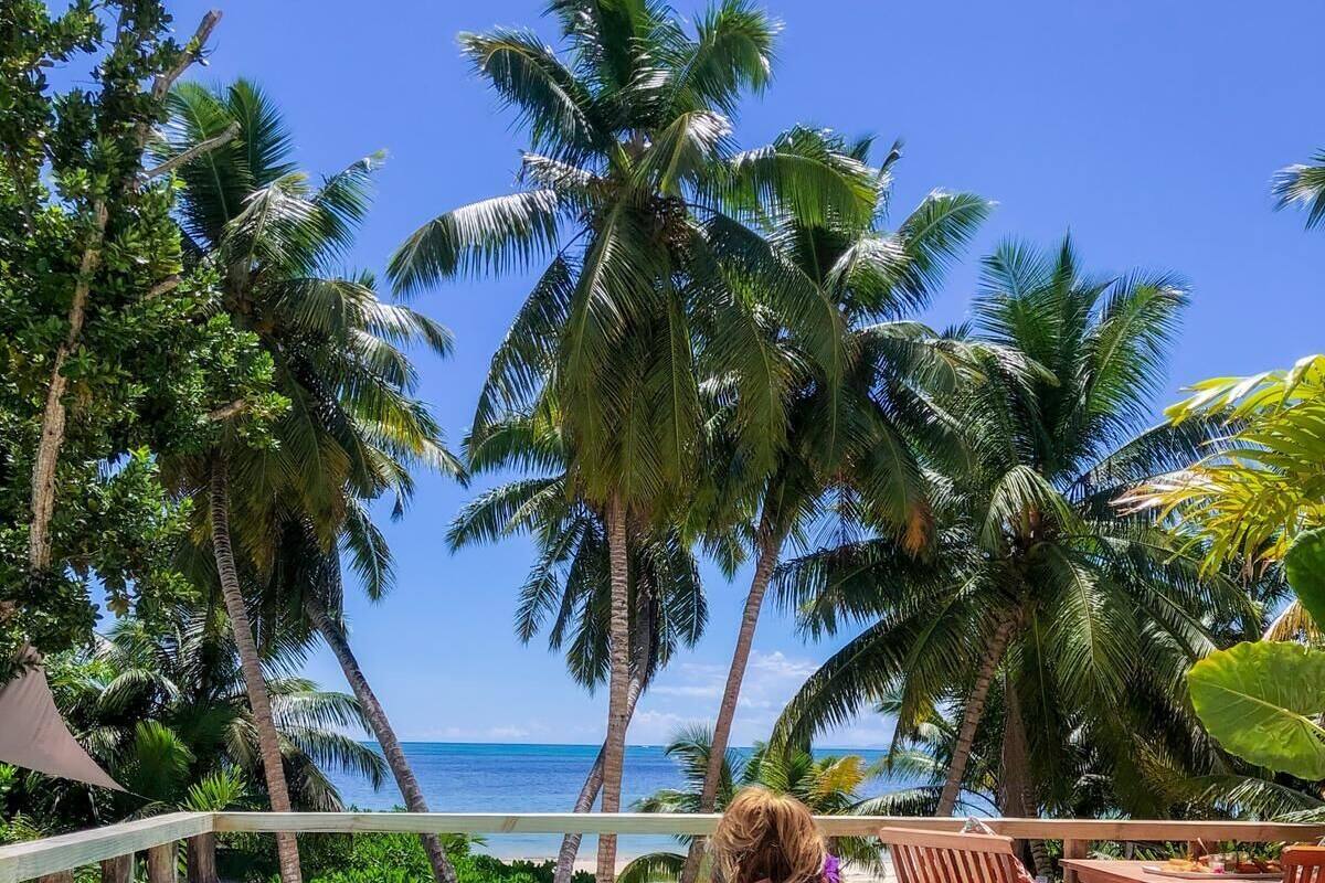 Alguém relaxando à beira de uma piscina com vista para o oceano e palmeiras.
