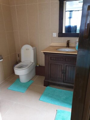 Ducha, artículos de tocador gratuitos, toallas, papel higiénico