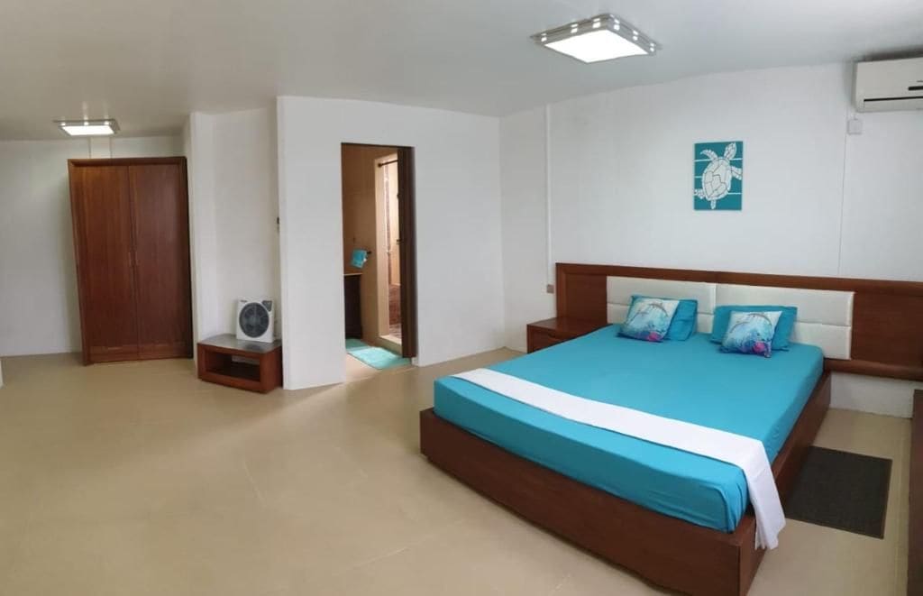 Une chambre avec un grand lit, une armoire en bois, un ventilateur de plafond et un climatiseur fixé au mur.