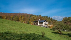 A multi-story hotel with a sloped roof, situated on a grassy hillside with a forested backdrop.