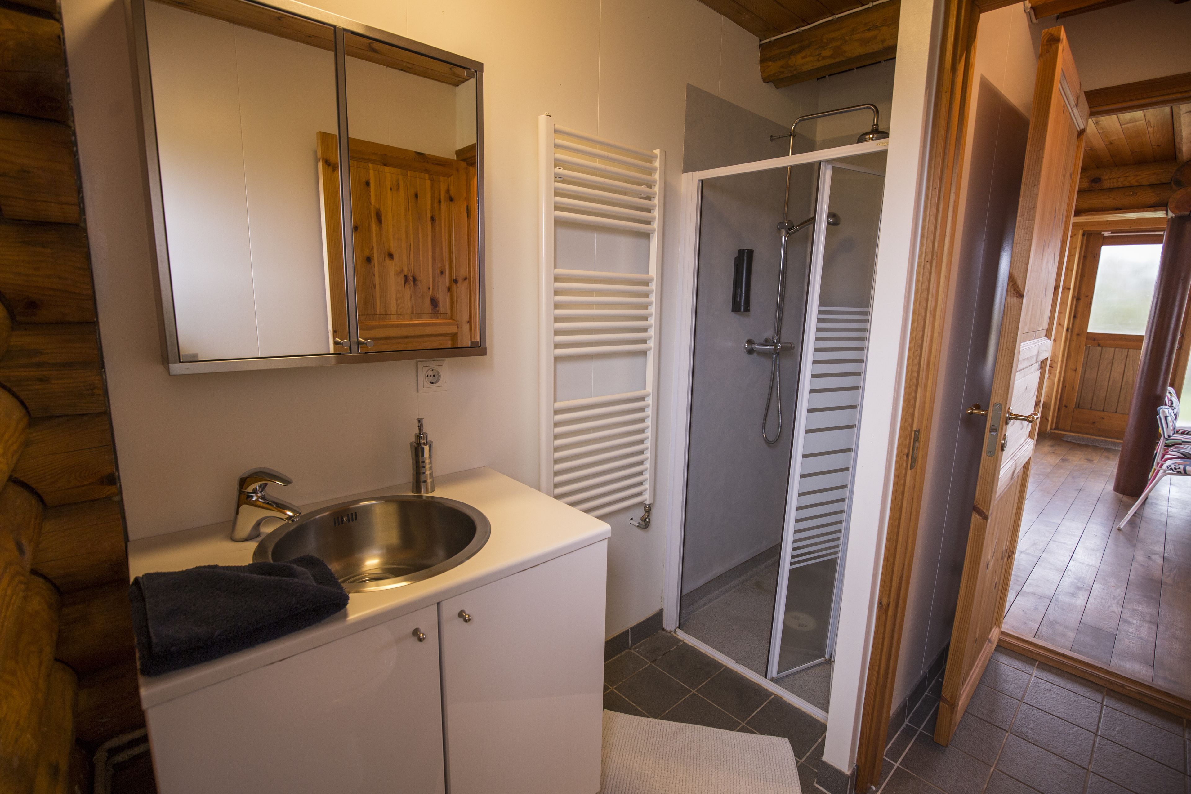 Une salle de bain équipée d’un lavabo, d’un miroir, d’une serviette et d’une douche.