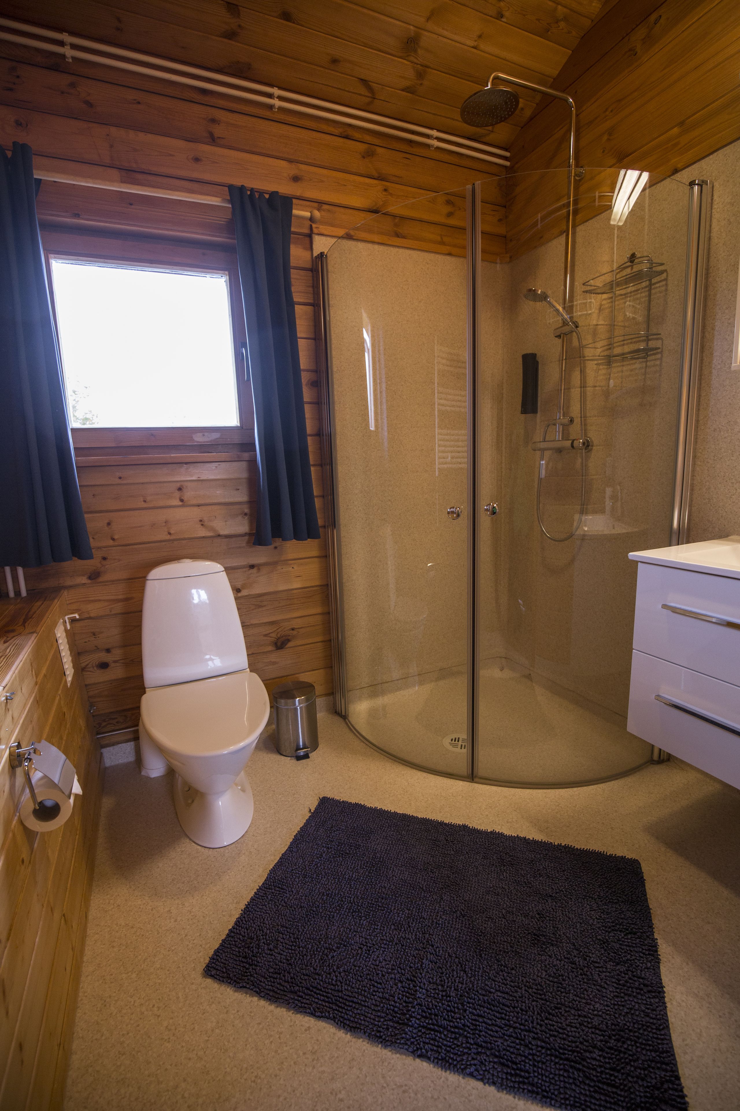 Un bagno in una baita di legno, con toilette, doccia e lavandino.