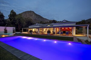 Seasonal outdoor pool, pool umbrellas, pool loungers