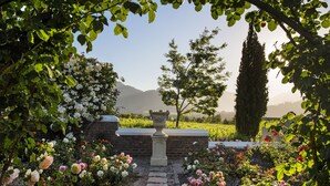 A garden pathway with a stone bench and a decorative urn, surrounded by various flowering plants and trees. - La Providence Guest House & Wine Farm (Franschhoek)