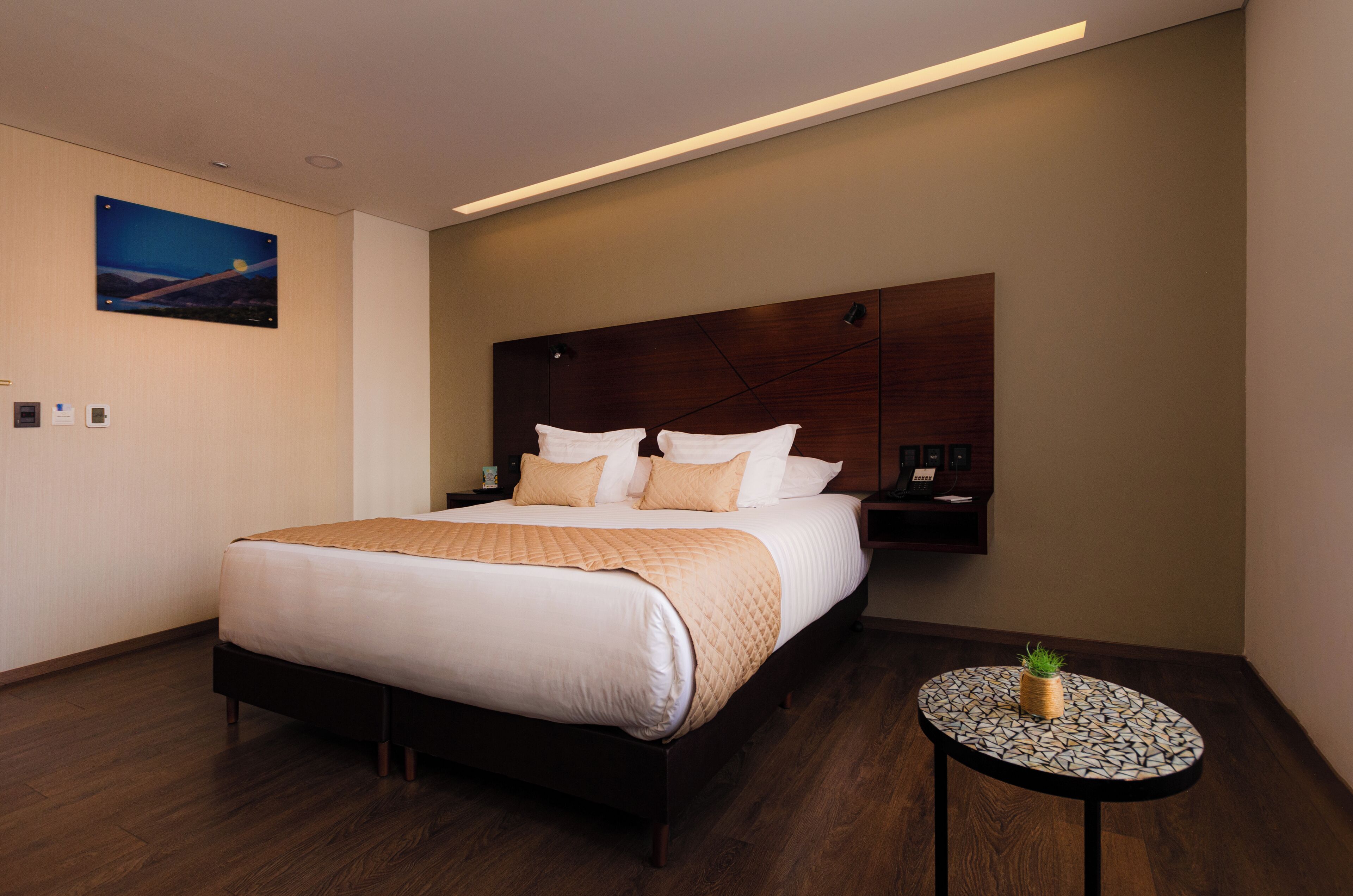 Una habitación de hotel moderna con una cama grande, una mesita de noche, una pequeña mesa redonda con una planta y un cuadro colgado en la pared.