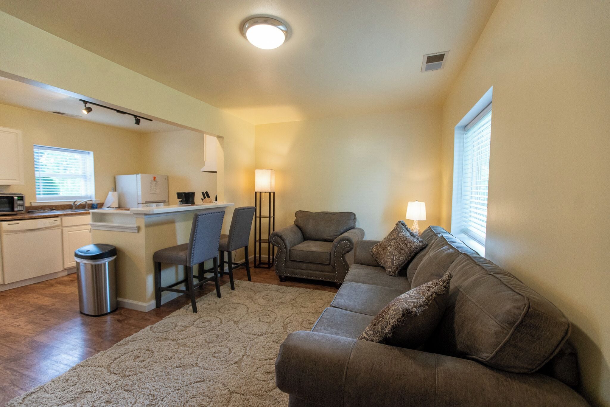 A compact living space with a kitchenette, a sofa, a chair, and a lamp.