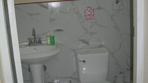 Une petite salle de bain avec un lavabo, des toilettes et un bidet.