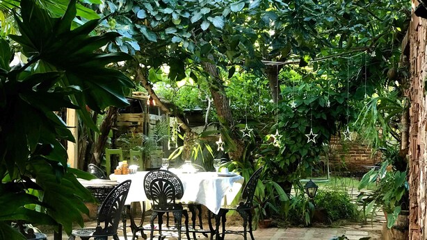 An outdoor patio with a table set for dining, surrounded by lush greenery and a brick wall. - Casa Las Artes (Trinidad)